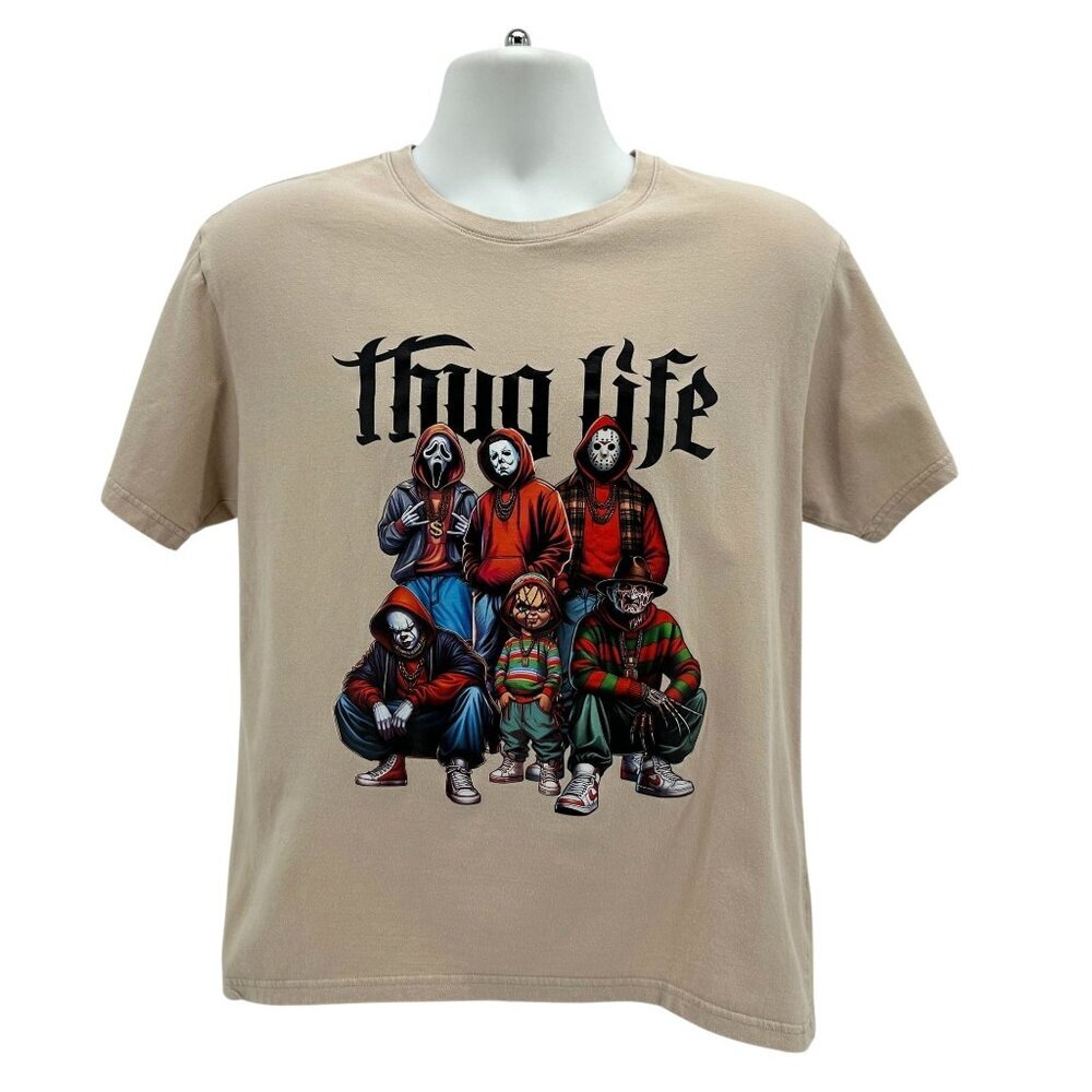 Mens Medium Shirt Thug Life Horror Movie Characters Tan Graphic T-Shirt